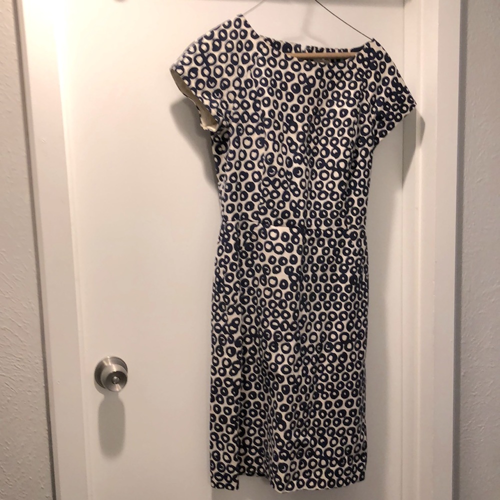 Summer JCrew work dress in navy and cream cotton